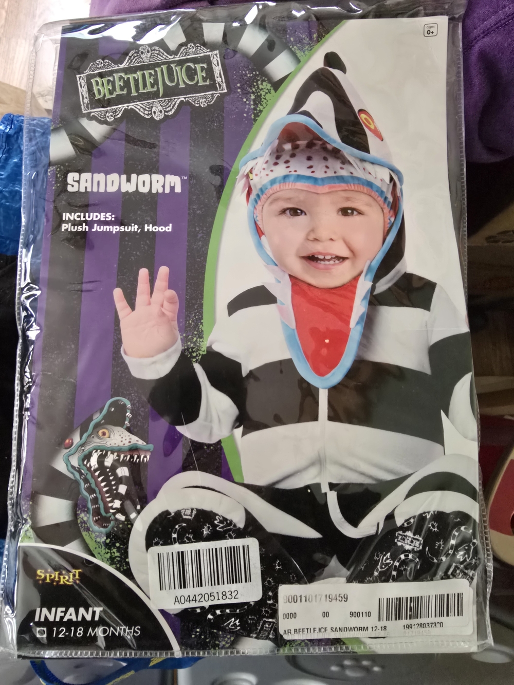 Infant Sandworm Costume - Black & White Plush Jumpsuit with Hood 12-18 Month
